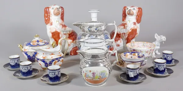 Ceramics, a graduated group of 19th century three silver lustre jugs, Imari pattern tea wares,  a blue coffee set with lace decoration and sundry, (qt