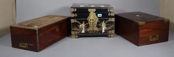 A 19th century mahogany brass bound writing slope (a.f). another writing slope and a 20th century Asian jewellery box, (3).  S4M