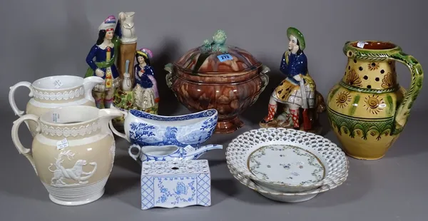 Ceramics, including; Staffordshire style figures, a puzzle jug, a mottled brown lidded tureen, cream jugs and sundry, (qty).   S4T