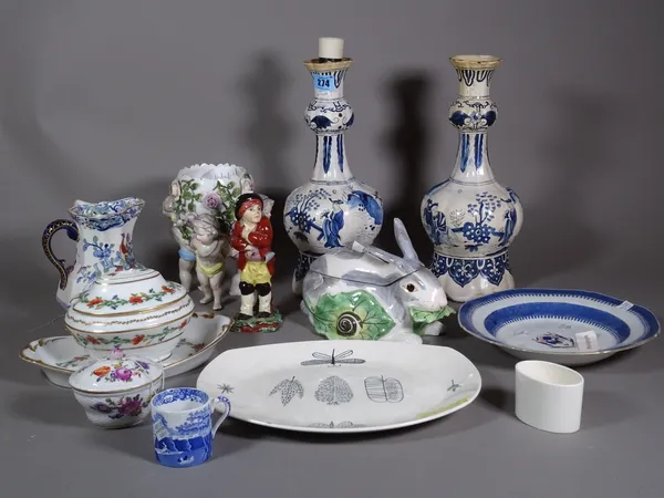 Ceramics including; a pair of blue and white Delft vases, later converted to lamps, a tureen formed as a rabbit, a Continental centre piece and sundry