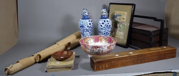 Asian collectables, including; a pair of blue and white lidded vases, shaped circular shallow dish,  woodblock prints in books, wooden scroll box and