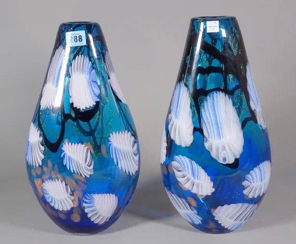A pair of 20th century blue art glass vases of teardrop form, 34cm high, (2).   S2T