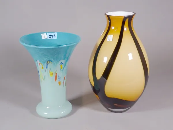 A blue Monart style art glass vase and a Flamant brown and black vase, (2).   S2T