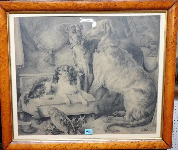 After Sir Edwin Landseer, Queen Victoria's dogs and parrot, pencil, 48cm x 57cm.  A4