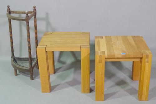 A pair of 20th century oak side tables, 43cm wide x 43cm high and an early 20th century oak stick stand, 343cm wide x 63cm high, (3).   K8