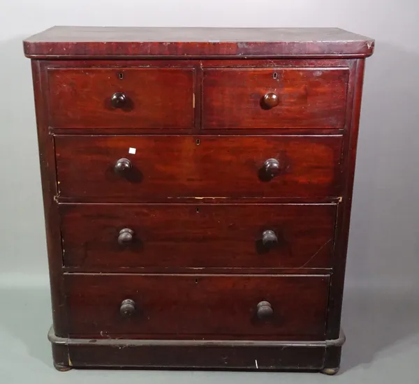 A Victorian mahogany chest of two short and three long drawers on plinth base and pad feet, 104cm wide x 115cm high.   E6