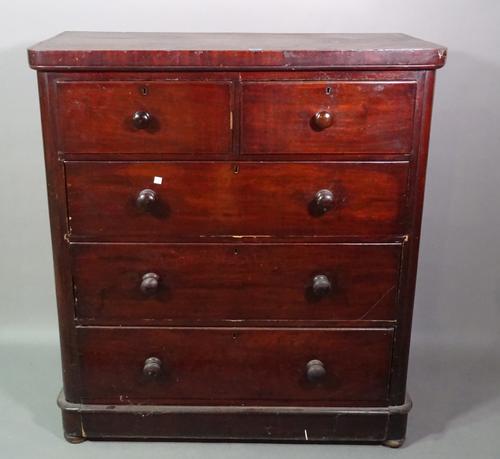 A Victorian mahogany chest of two short and three long drawers on plinth base and pad feet, 104cm wide x 115cm high.   E6