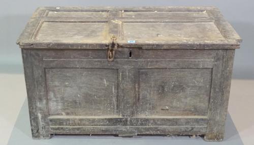 A 17th century and later oak double panel coffer, 104cm wide x 55cm high, (a.f.).   H6