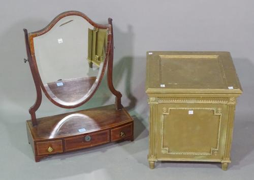 A George III mahogany bowfront three drawer dressing table mirror with shield shaped mirror back on bracket feet, 50cm wide x 68cm high and a 19th cen