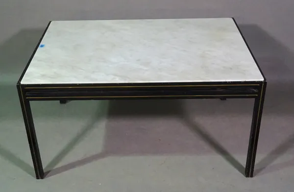 A 20th century white marble rectangular coffee table on black painted wood square supports, 93cm wide x 48cm high.   G7