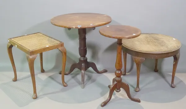 Furniture comprising; a George III mahogany tripod table, 60cm wide x 67cm high, another smaller 36cm wide x 66cm high, a 19th century oak circular co