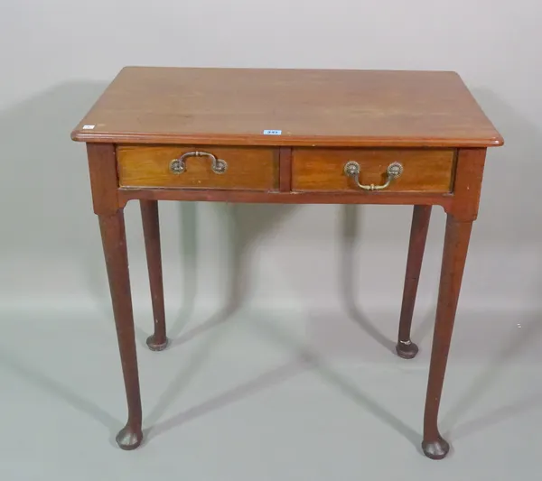 A 19th century mahogany two drawer side table on pad feet, 78cm wide x 76cm high.   F4