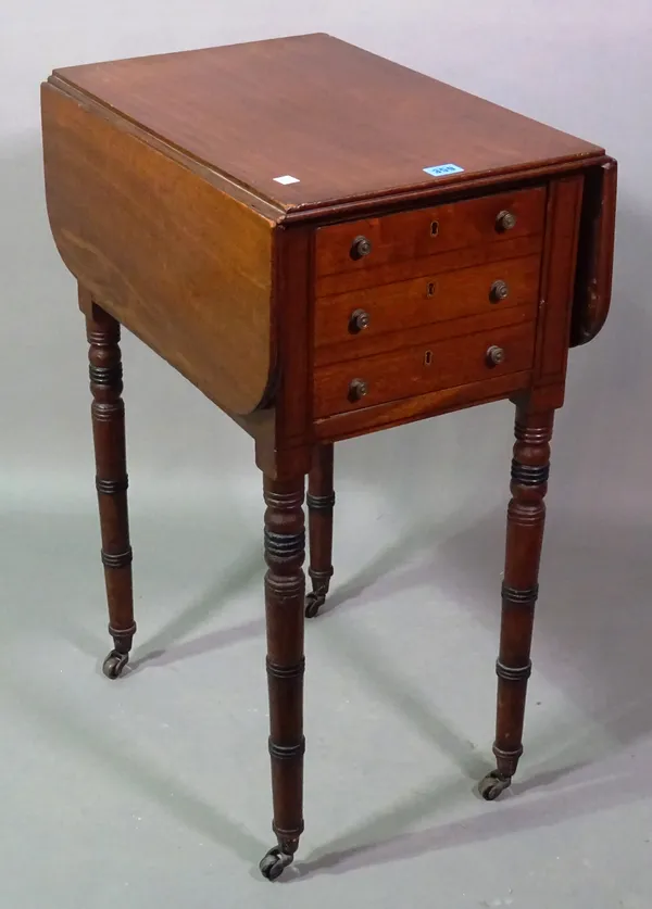 A 19th century mahogany drop leaf work table, with triple frieze drawer, on turned supports and brass castors, 75cm wide x 75cm high x 52cm deep.   D4