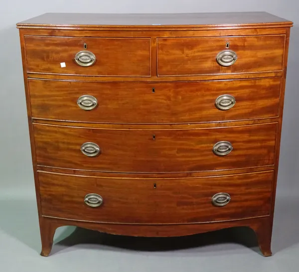 A George III mahogany bowfront chest of two short and three long drawers, 106cm wide x 104cm high x 54cm deep.   E6