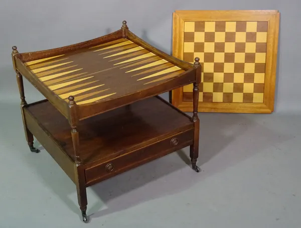 A 19th century mahogany two tier games table, with inlaid beech and elm playing board,  55cm wide x 53cm high.  I9
