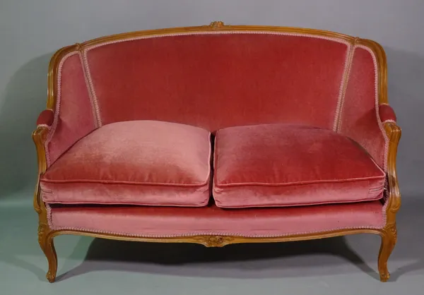 A Louis XVI style saloon suite comprising two armchairs and a sofa with pink upholstery, 130cm wide, (3).   D7