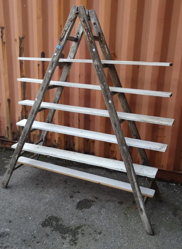 An early 20th century pine seven rung ladder, 200cm high.   OUT