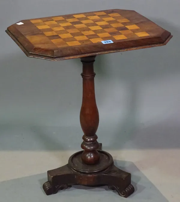 A Victorian rosewood rectangular games table on trefoil base, 45cm wide x 55cm high.   G6