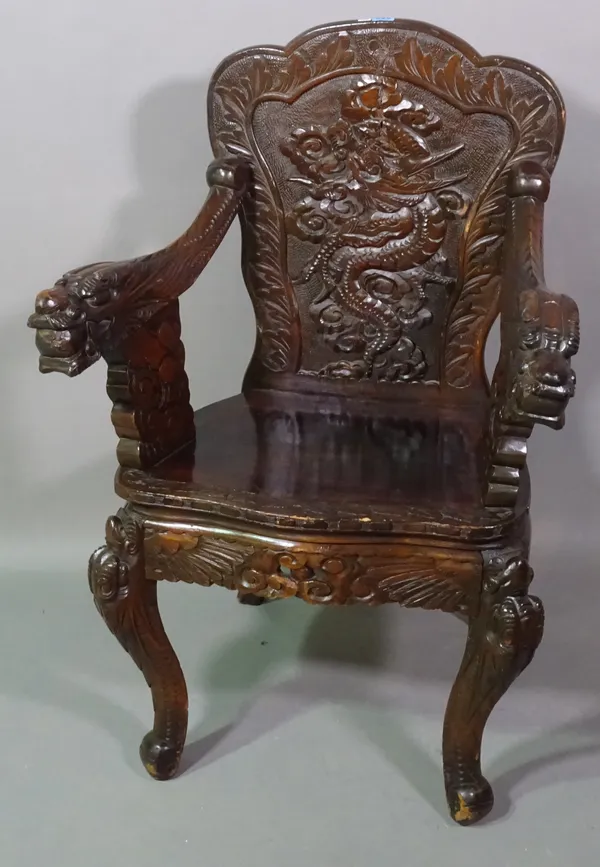 A 20th century Chinese open armchair with dragon carved open arms, 65cm wide x 98cm high.  F7