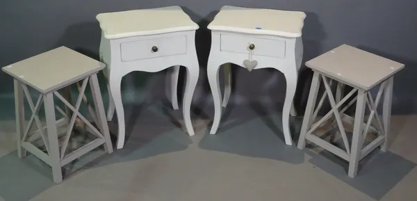 A pair of 20th century white painted single drawer side tables, 45cm wide x 65cm high and a pair of 20th century grey occasional tables, 34cm wide x 5