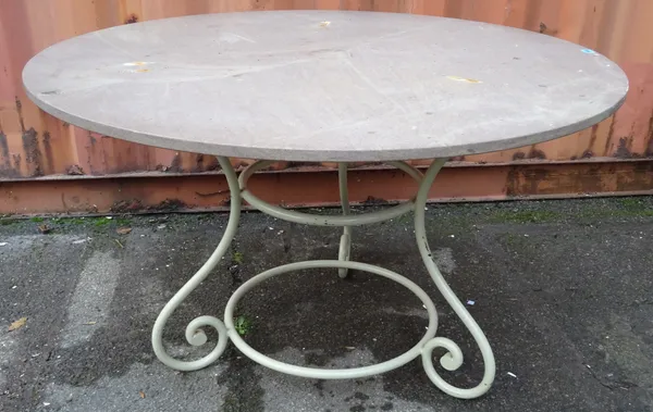 A hardstone topped circular conservatory table on scrolling cream painted metal base, 120cm wide x 76cm high.   OUT