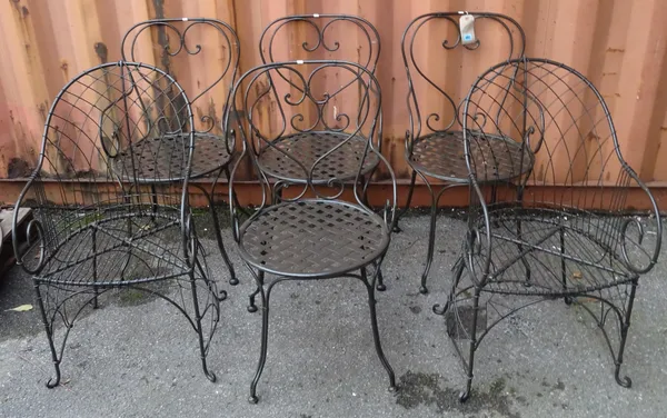 A set of four modern heart back conservatory chairs and a pair of wickerwork iron chairs, (6).   OUT