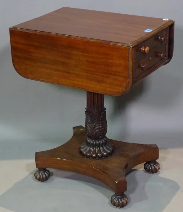 A William IV style mahogany drop flap two drawer side table on acanthus carved column and bun feet, 53cm x 70cm high.  H7