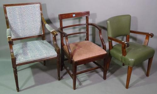A George III style mahogany bar back open armchair, a Louis XVI style mahogany open armchair and a 20th century mahogany open armchair, (3).    BAY 1