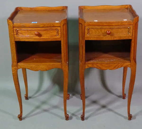 A pair of Louis XVI style oak bedside tables with single drawer, 36cm wide x 74cm high (2).  C7