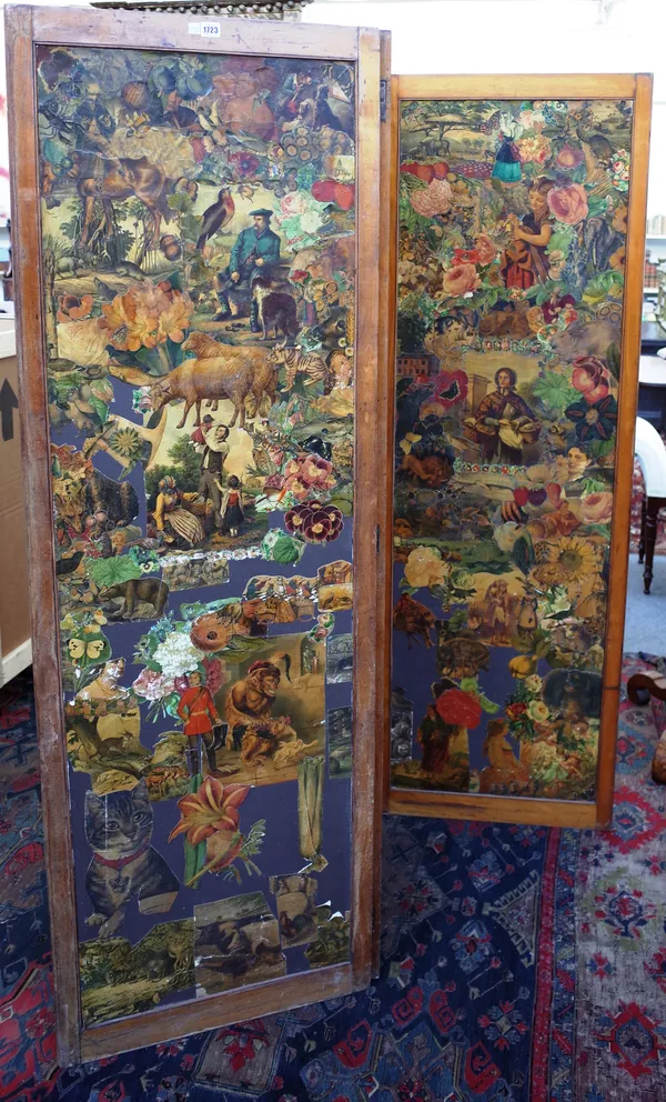 A Victorian framed three fold draft screen with inset decoupage panels, 184cm wide x 183cm high.  S1M