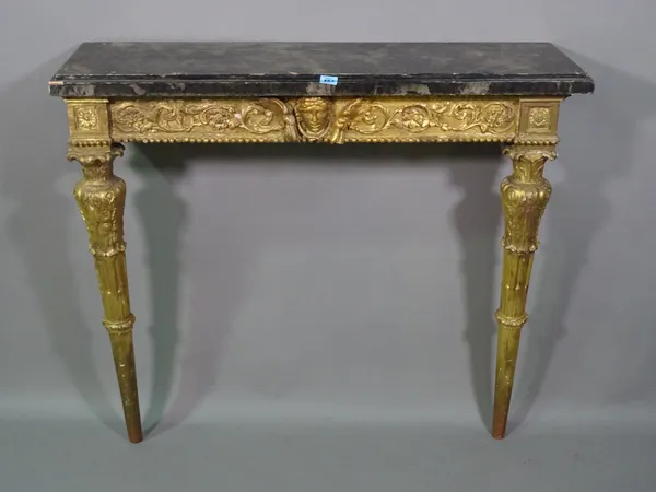 An 18th century style console table with serpentine faux marble top over gilt painted base, 124cm wide x 84cm high x 69cm deep.   J5