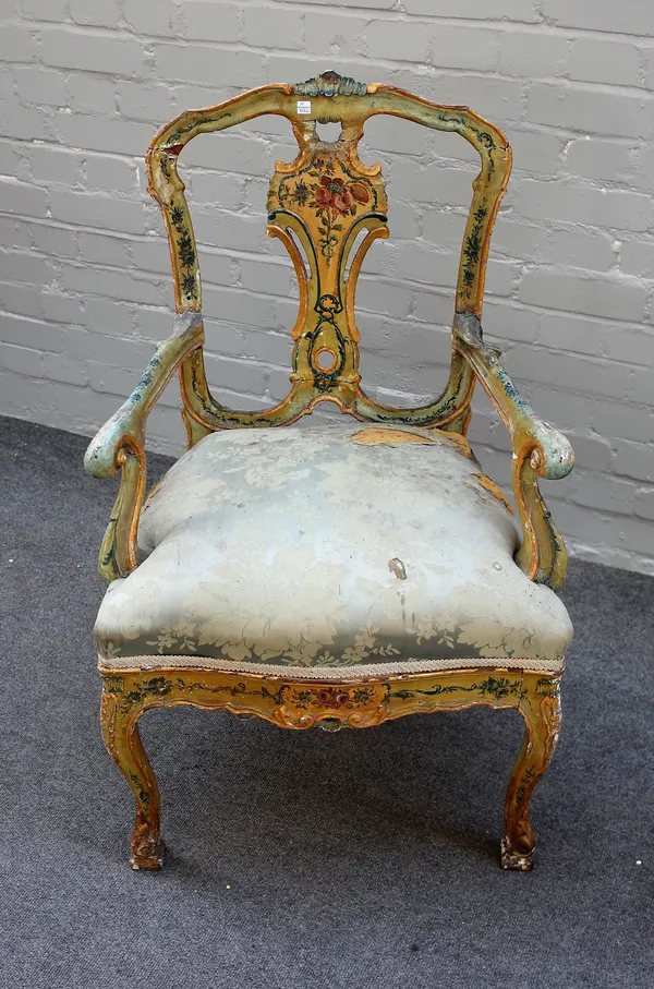 An early 20th century Italian polychrome painted open armchair, on cabriole supports, 60cm wide x 97cm high.    BAY 1