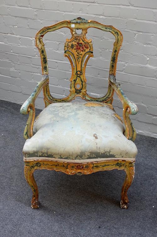An early 20th century Italian polychrome painted open armchair, on cabriole supports, 60cm wide x 97cm high.    BAY 1