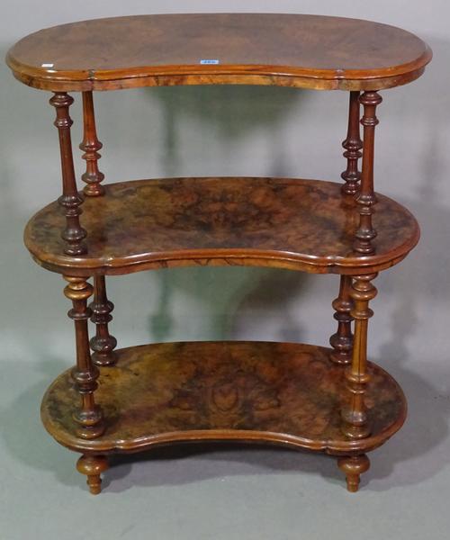 A Victorian walnut three tier kidney shaped what-not, 77cm wide x 92cm high.    G5