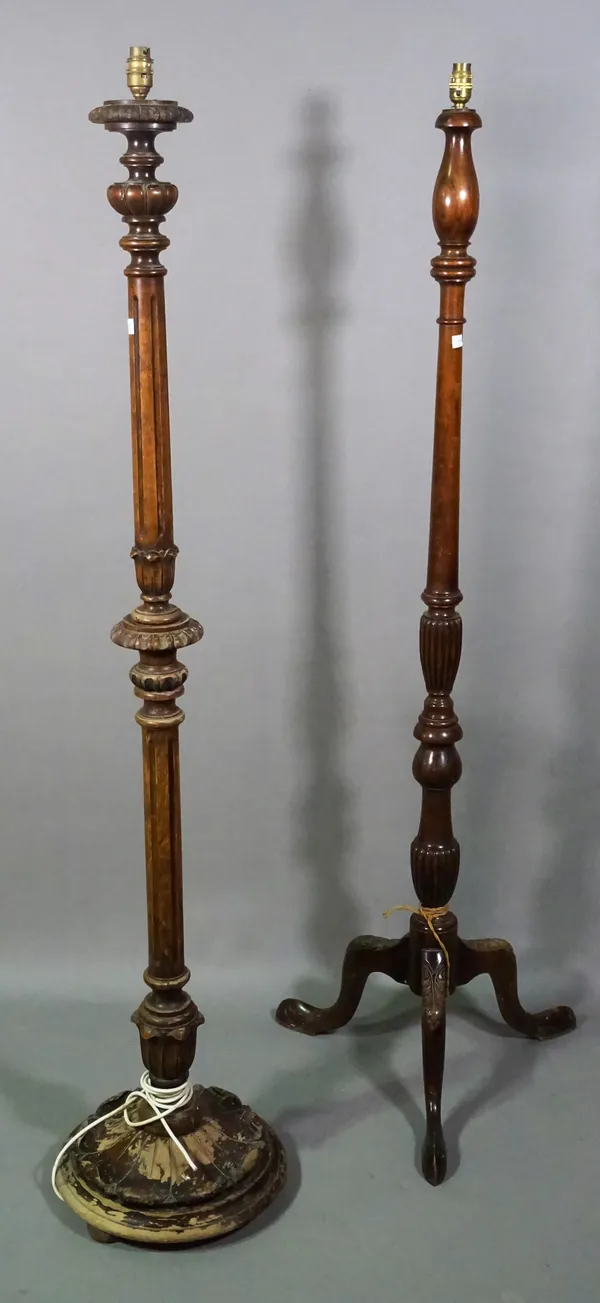 A Regency style mahogany standard lamp, reeded column and plinth base, 153cm high and another 154cm high, (2).   H7