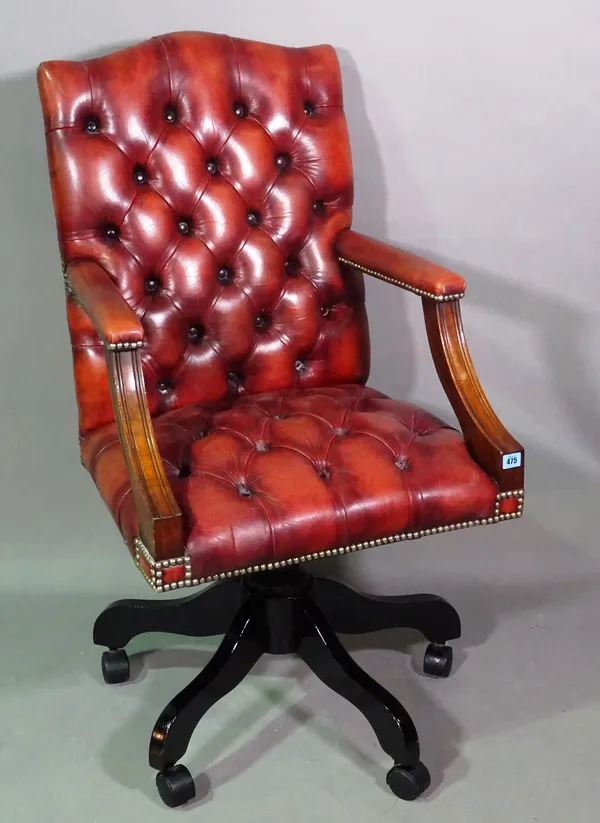 A Gainsborough style mahogany framed office open armchair with red leather button back upholstery.  F4
