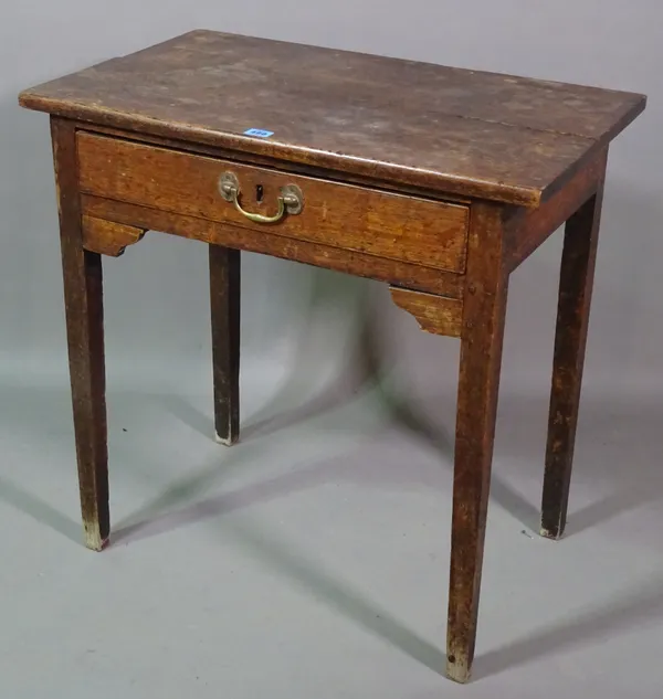 A George III oak single drawer side table on tapering square supports, 70cm wide x 70cm high.  M6