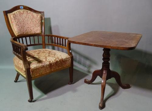 An Edwardian mahogany tub back armchair, 50cm wide x 84cm high, together with an early 19th century mahogany tripod table, 61cm wide x 55cm high (2).