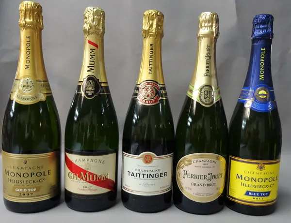 Nine bottles of champagne, comprisingl 2007 Monople Heidsiech & Co Gold Top, Monopole Heidseick & Co Bronze Top, two Duval Leroy, Monopole Hiedsieck &