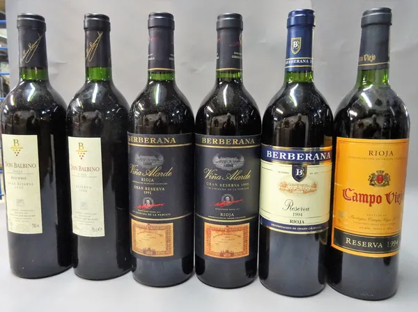 Twelve bottles of Vintage Rioja, comprising; 1994 Bordon Reserva, 1995 Bordon Gran Reserva, 1994 Berberana Reserva, 1994 Berberana Vina Alarde Gran Re