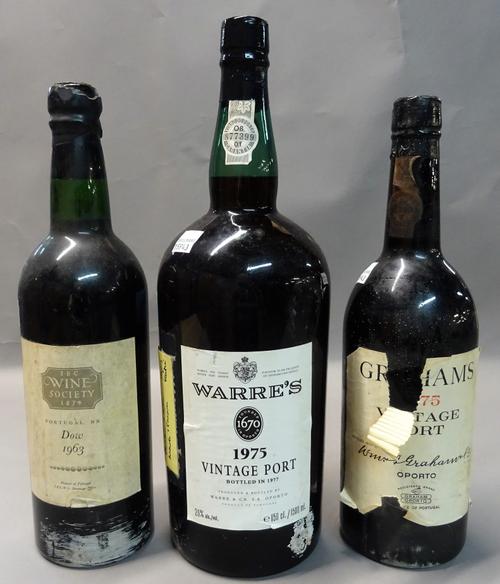 One Magnum of 1975 Warres Vintage port, one bottle of 1975 Grahams vintage port and one 'Wine Society' 1963 Dows port. (3)