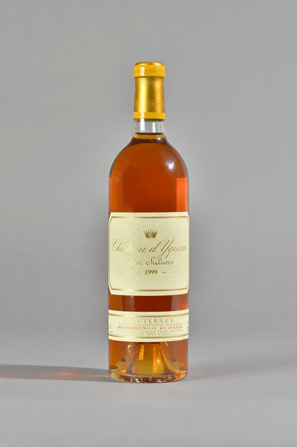 One bottle of 1999 Chateau d'Yquem sur saluces, Sauternes.  Illustrated.