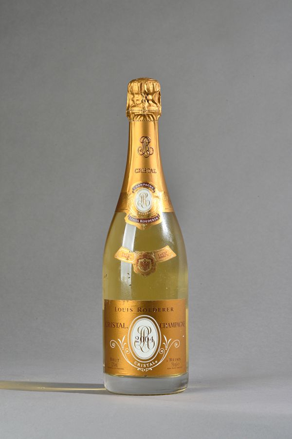 One bottle of 2004 Louis Roederer Cristal champagne. Illustrated.