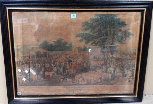 After George Garrard, 'Woburn sheep shearing' , aquatint, 53cm x 77.5cm, together with 'Le Jeu de Billard', hand coloured lithograph after Boilly, and