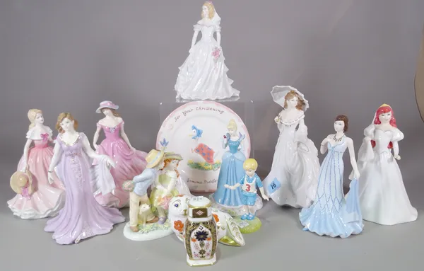 Ceramics comprising; mainly figurines of lady's, including Doulton, Coalport and Crown Derby and sundry, (qty).   S2M