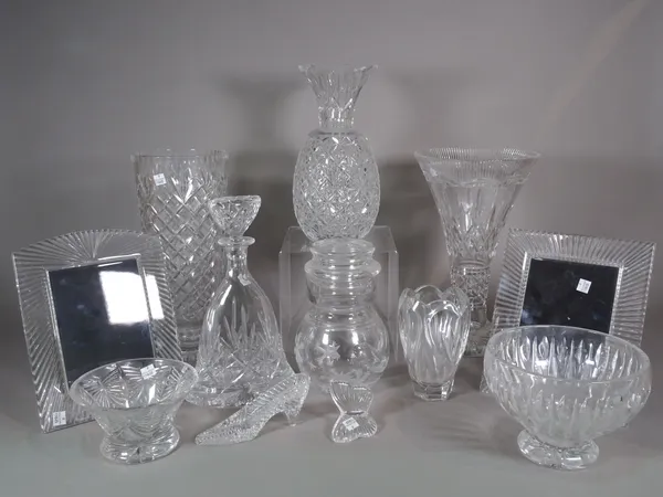 Glassware, including; a Waterford pineapple vase, cut glass bowls, vases, photo frames and sundry, (qty).   S2M