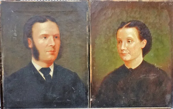 English School (late 19th century), Portrait of a lady; Portrait of a gentleman, a pair, oil on canvas, both unframed, 45cm x 35.5cm.(2)  CAB