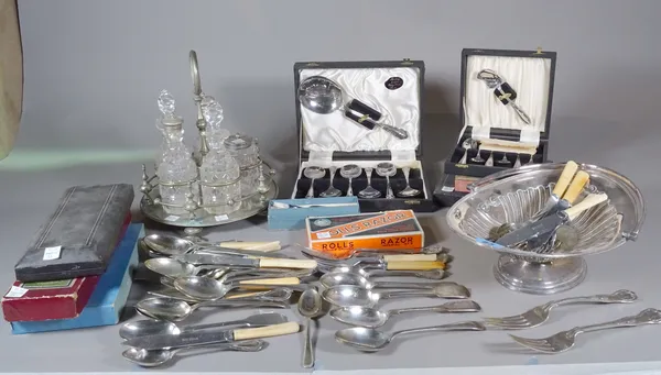 Silver plated wares, including; flatware, a condiment stand, fruit bowl, Rolls Razor and sundry, (qty).    S1M