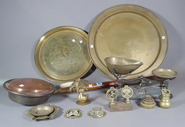 Brassware, including; two circular trays, a warming pan, a set of scales and sundry, (qty).    S1M