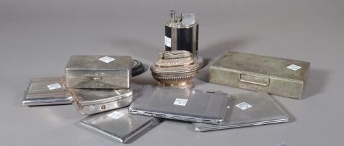 Collectables, including; two 20th century table top lighters and a group of plated cigarette cases, (qty).   CAB